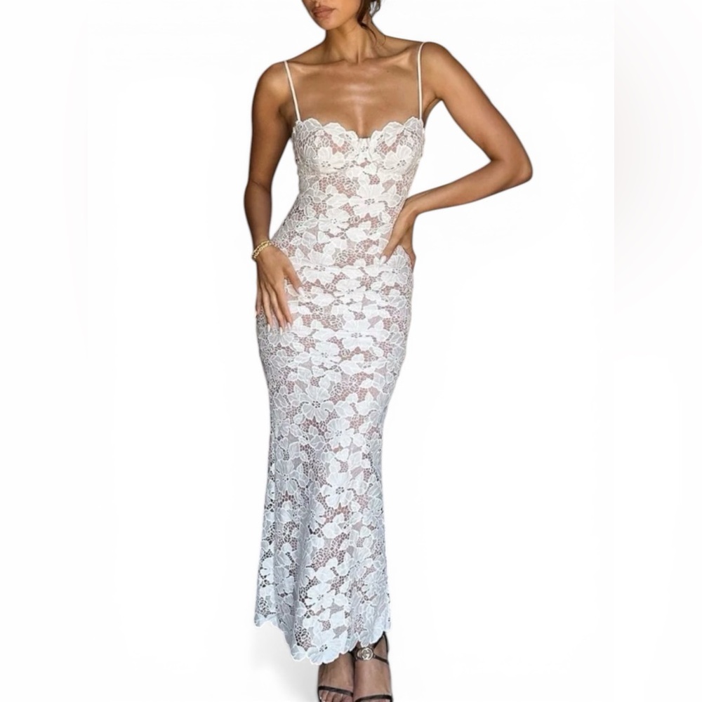 Angel Lane Pearla White Lace Maxi Dress with Spaghetti Straps